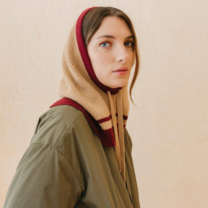 Merino Hood in Camel & Red