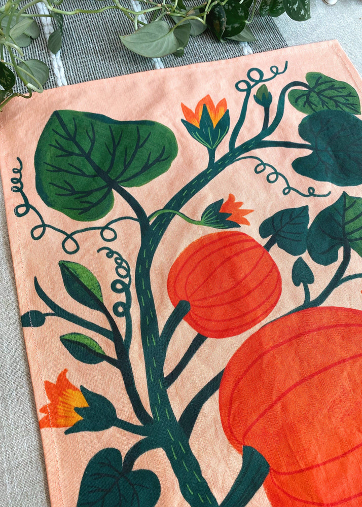 Pumpkin Garden Tea Towel - Peachy Pink - Fall Kitchen Towel