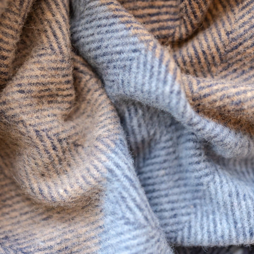 Recycled Wool Blanket in Blue Herringbone Block Check