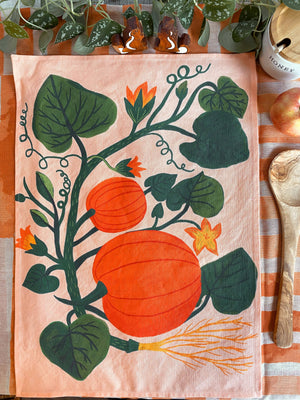 Pumpkin Garden Tea Towel - Peachy Pink - Fall Kitchen Towel