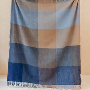 Recycled Wool Blanket in Blue Herringbone Block Check