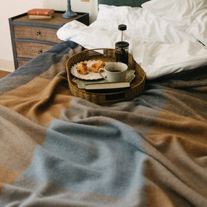 Recycled Wool Blanket in Blue Herringbone Block Check
